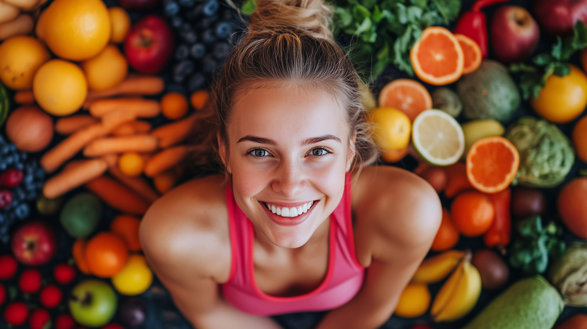 beautiful athletic smiling girl on a background of fruits and vegetables, healthy eating and lifestyle